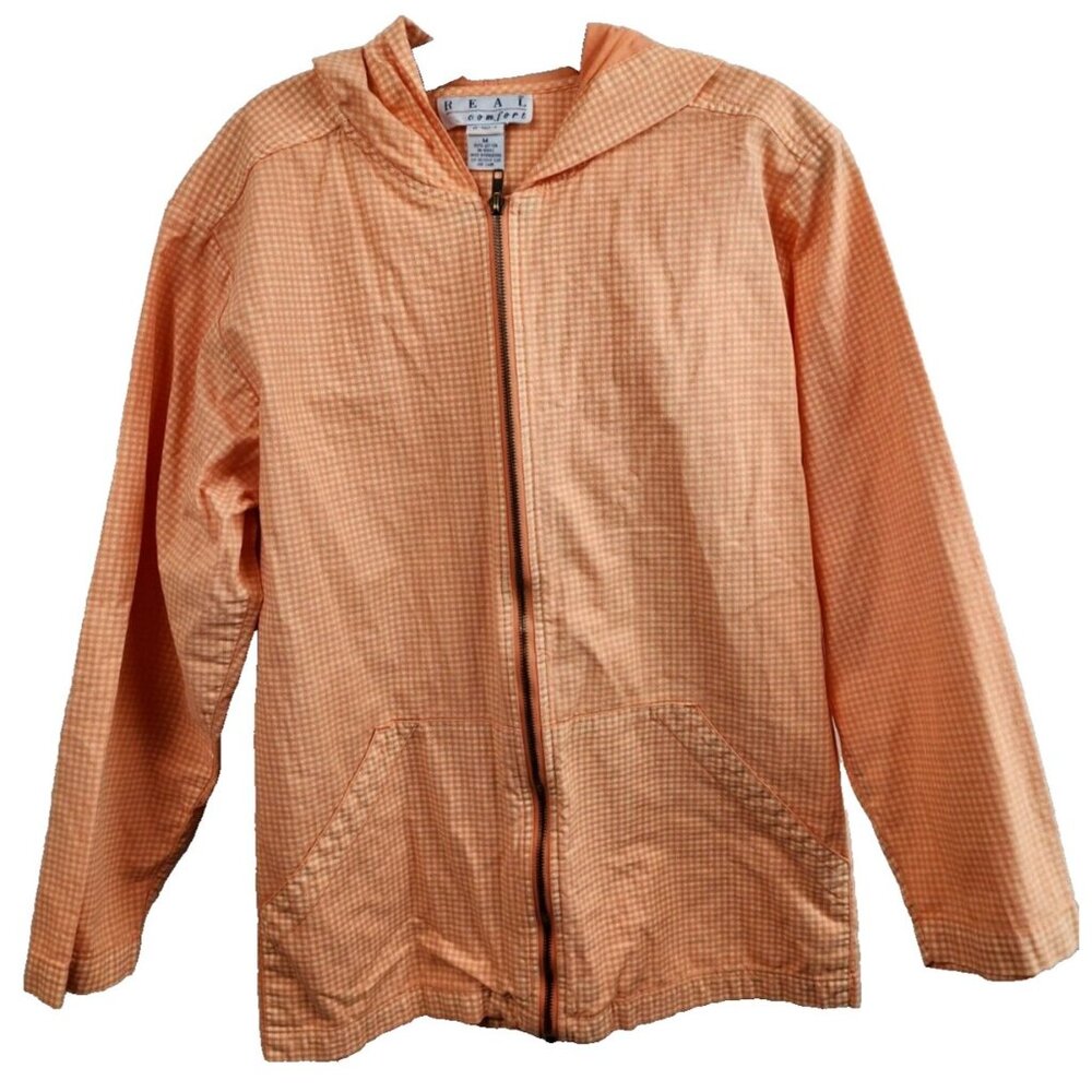Vintage Real Comfort Womens Hooded Jacket Medium Orange‎ Gingham Lightweight